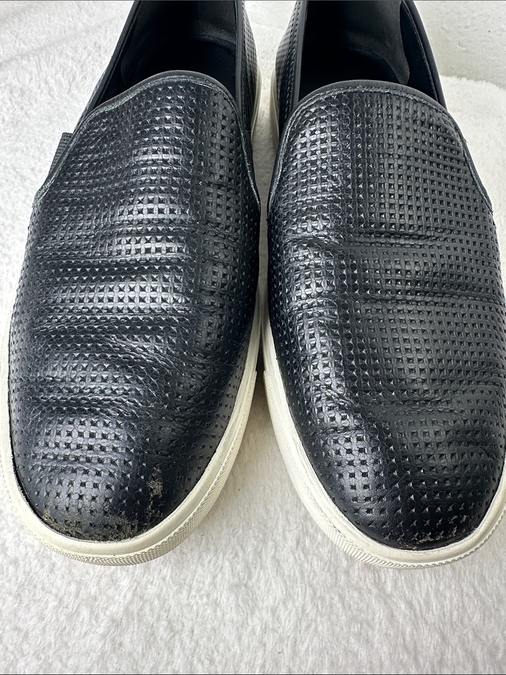Vince Blair Black Perforated Leather Slip-On Sneakers with White Comfort Sole 8 - Picture 15 of 16